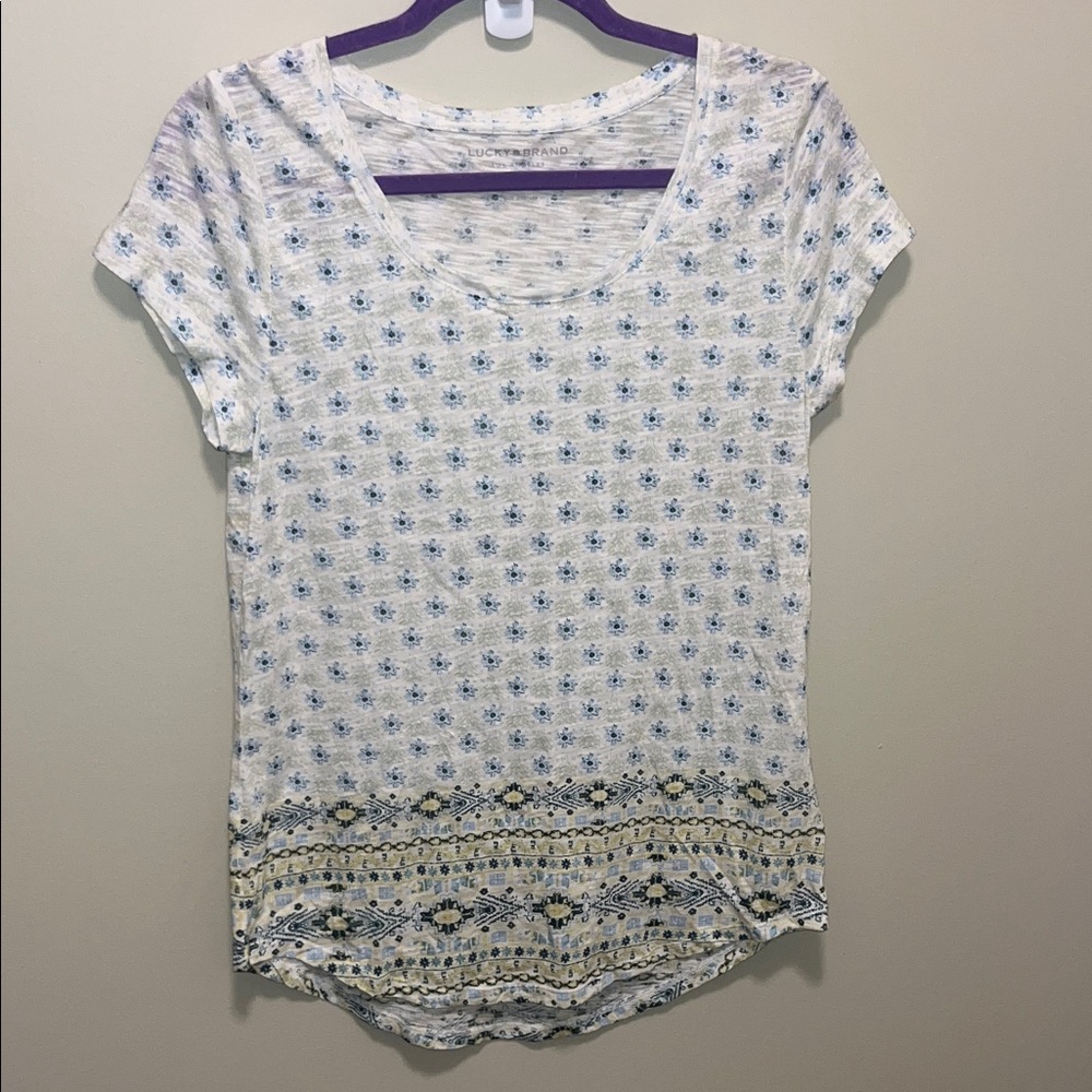 NWOT Lucky Brand White and Blue Patterned Blouse - Picture 1 of 3